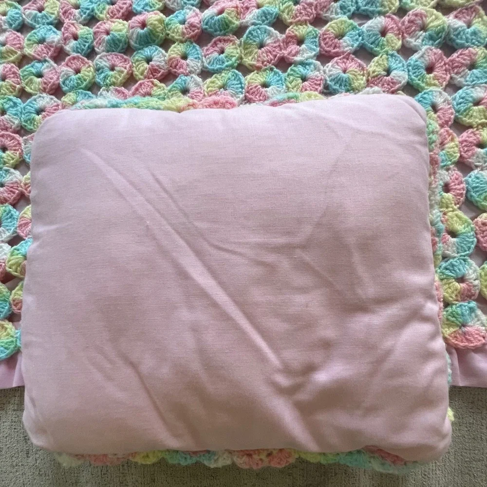 Handmade Crochet Baby Blanket and Pillow Set Pastel Pink Blue Yellow Ruffle
